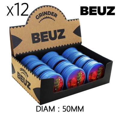 Scatola di 12 Grinder in canapa biodegradabile Blu Smiley Valley 50mm
